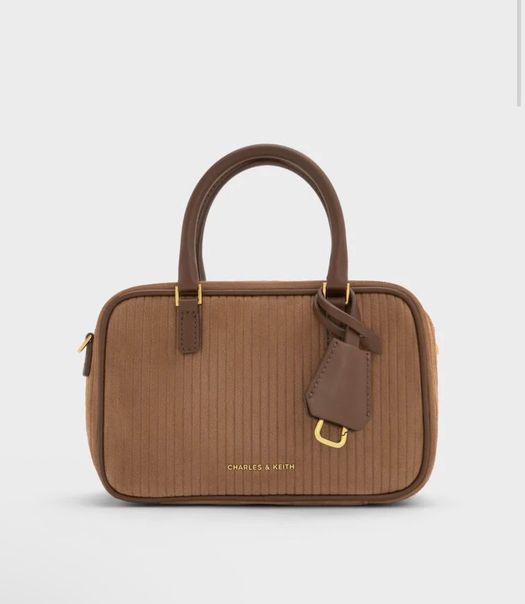 Ribbed Texture Double-Handle Bowler Bag