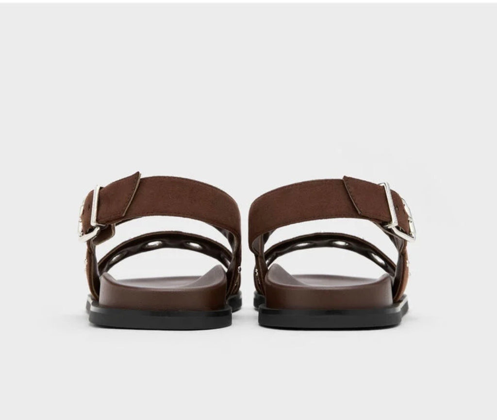 Eyelet & Stud Double-Strap Slingback Sandals – Dark Brown