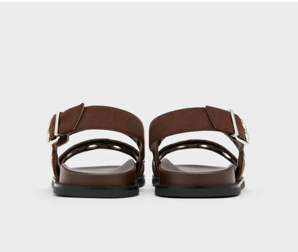 Eyelet & Stud Double-Strap Slingback Sandals – Dark Brown