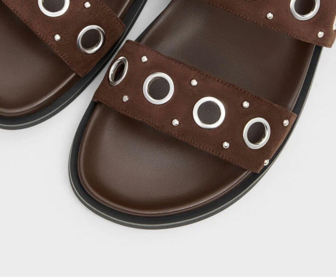 Eyelet & Stud Double-Strap Slingback Sandals – Dark Brown